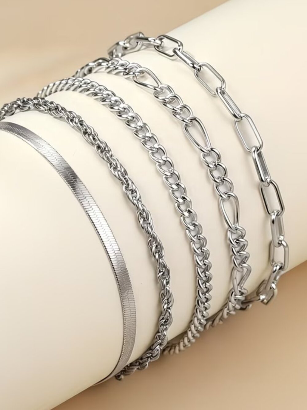 Stainless Steel Bracelet Set 5 Different Chain Styles to Layer or Individually
